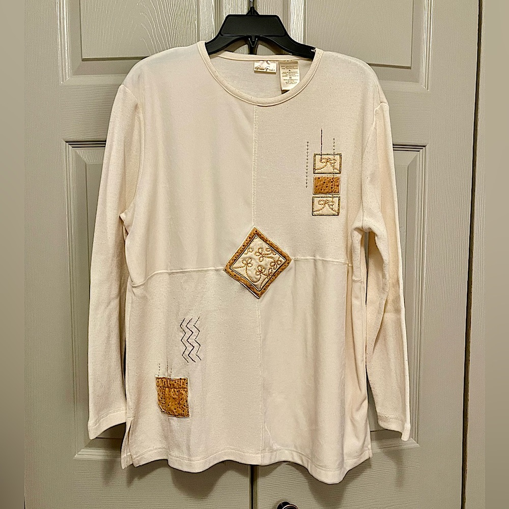 Bobbie Brooks Vintage Mixed Media Cream & Gold Embroidered and Beaded Top